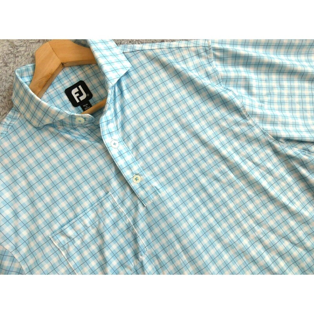 FootJoy Mens Golf Polo Shirt Blue White Plaid Short Sleeve Size Medium FJ